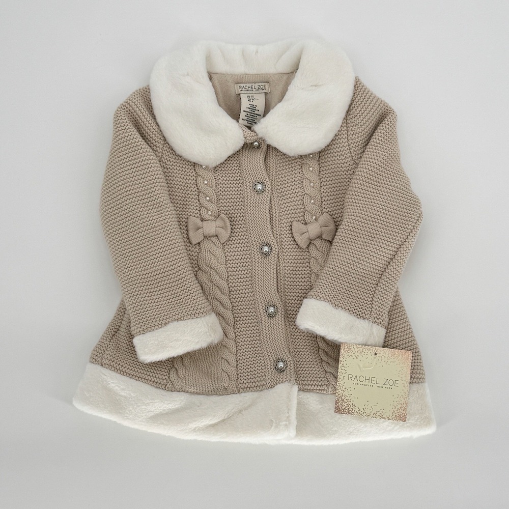 Rachel Zoe Sz 3T Knit Sweater Jacket Faux Fur Trim Faux Pearl Accents Bows NWT